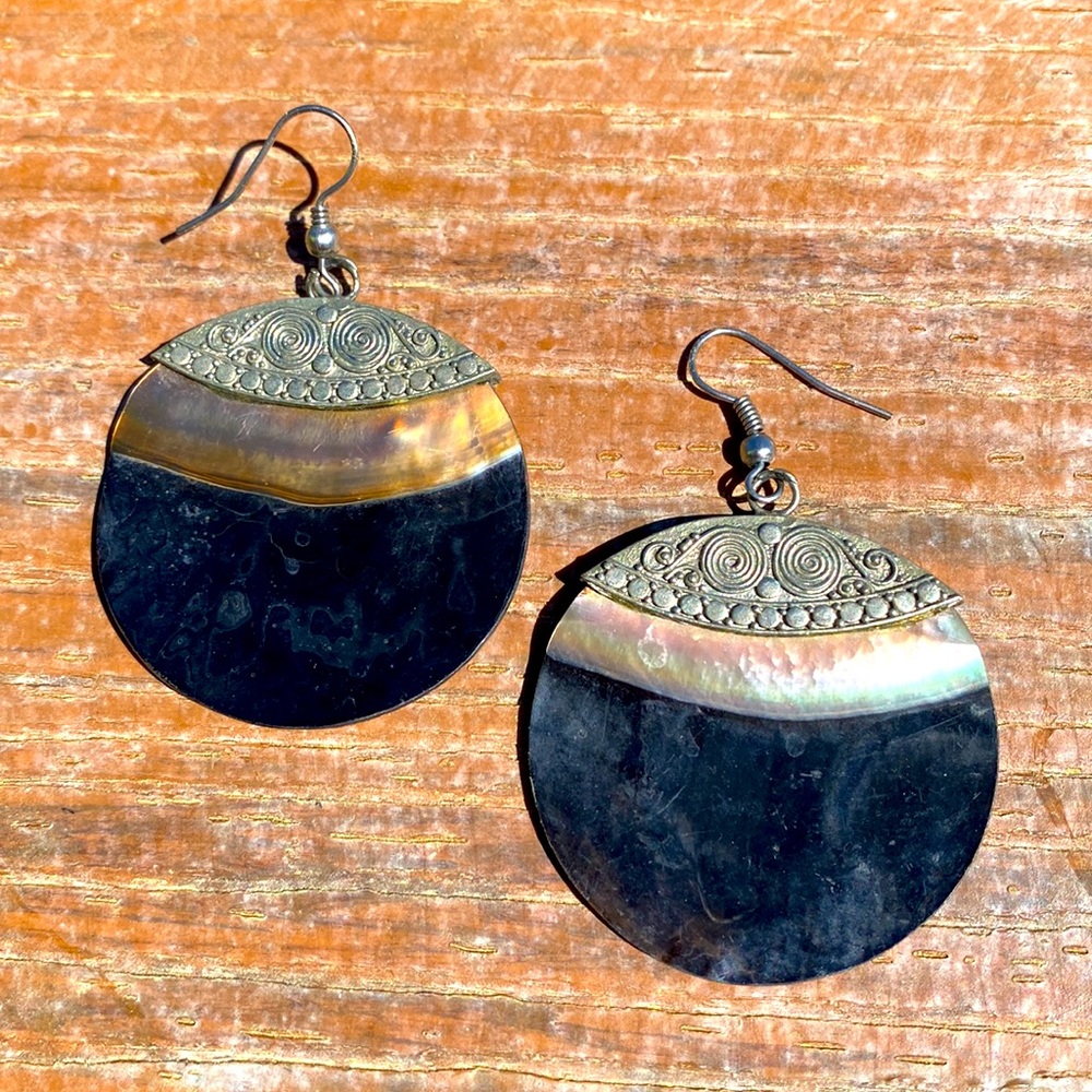 Abalone, Shell & Silver Filagree Ear Rings in a 1.5” across circle. Very light